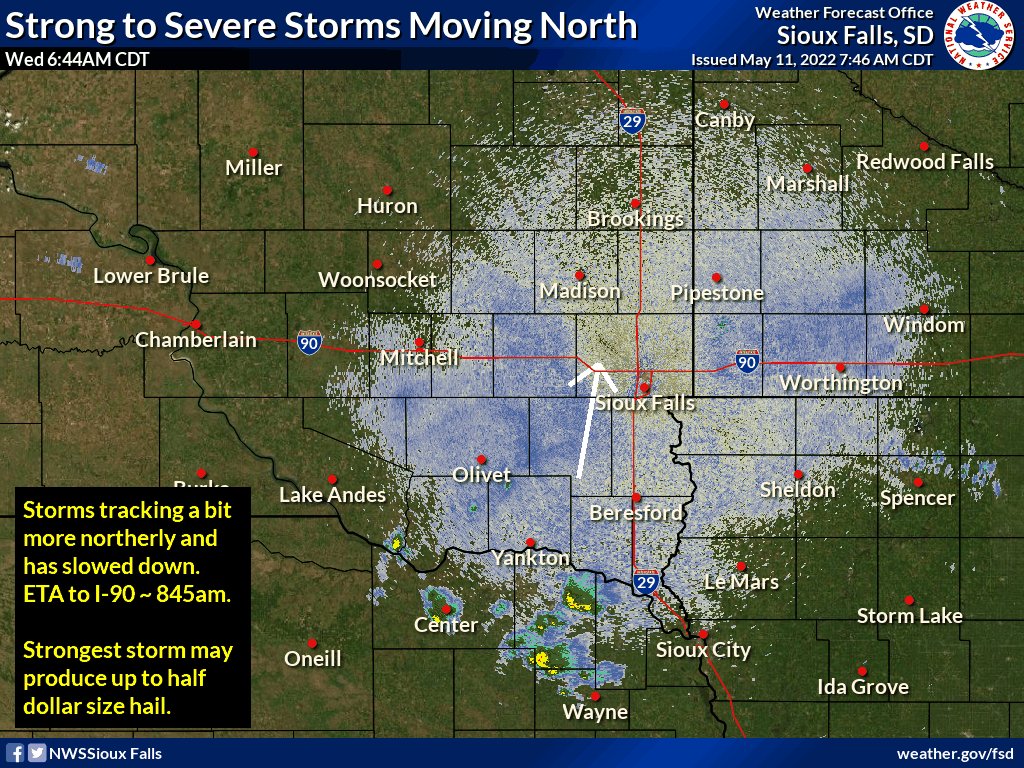 NWS Sioux Falls on X: "750 am Radar Update: This storm has turned a bit  more northerly, and is moving slower than previous timing. Look for the  stronger storms to reach I-90