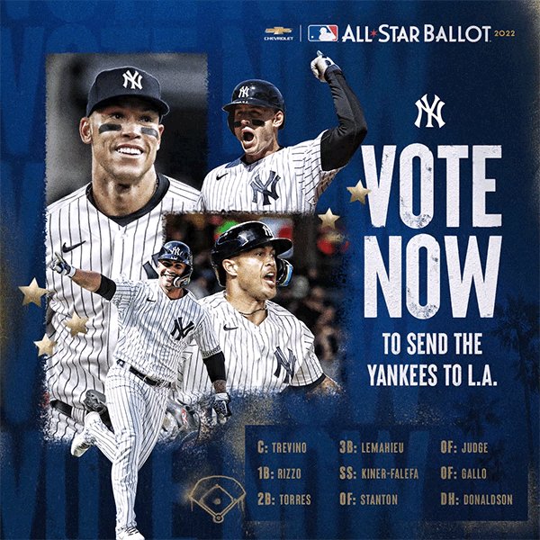 New York Yankees on X: This is a good time to remind everyone to  #VOTEYANKEES for the 2022 All-Star Game! 🌟 Vote up to 5x a day here:    / X