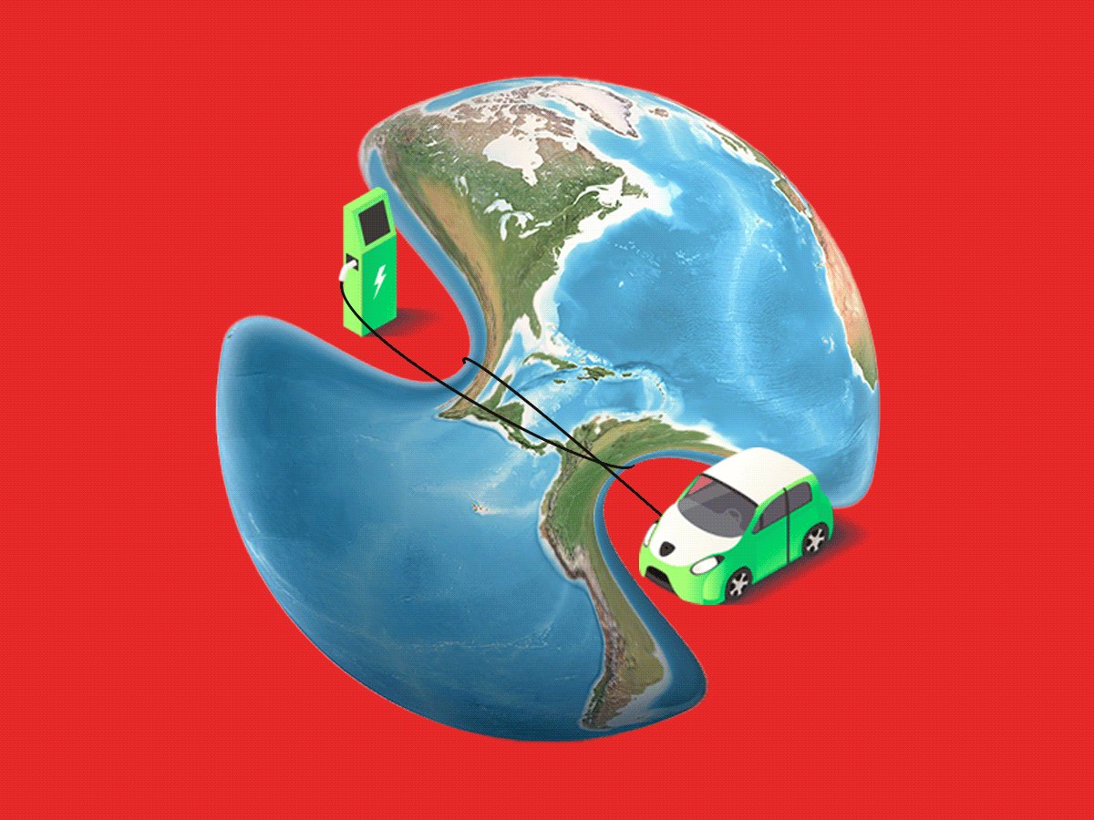 An animated GIF of a cord between a green electric vehicle a