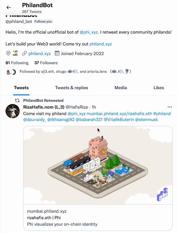 Phi Released Philand Bot We Just Created Philand Bot Retweeting Philand Tweets Come Visit My Philand Phi Xyz The Timeline Would Be The Showcase Of Community Philand Which Would Be