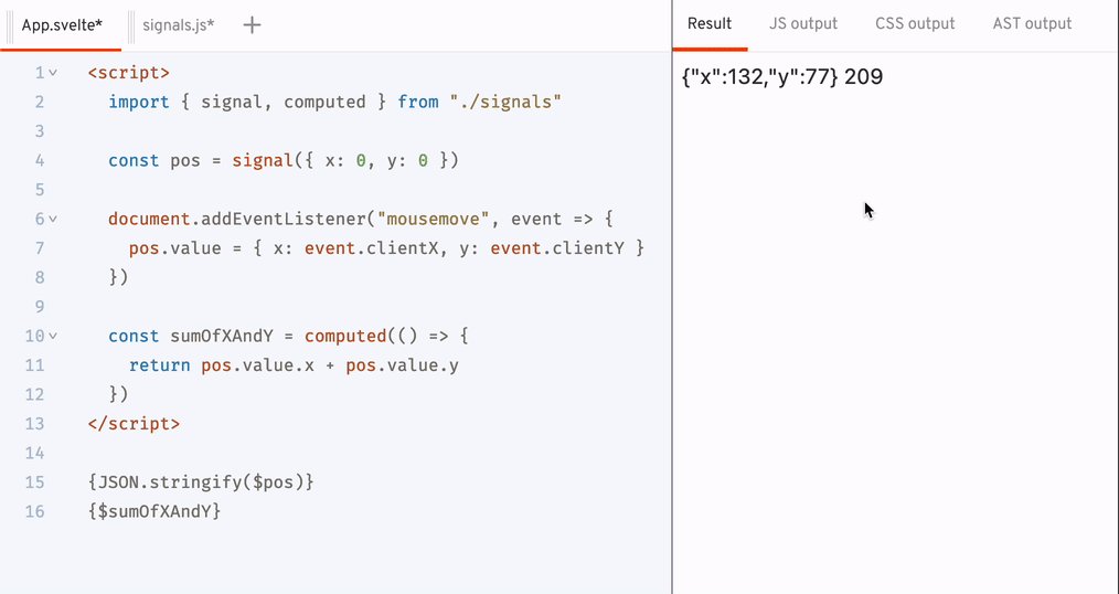 Marvin Hagemeister ⚛️ on Twitter: "Got Preact Signals working in @sveltejs out of the box. No adapter needed thanks to their .subscribe() logic. Only needed to add 3 lines to make it Marvin Hagemeister ⚛️ on Twitter: "Got Preact Signals working in @sveltejs out of the box. No adapter needed thanks to their .subscribe() logic. Only needed to add 3 lines to make it