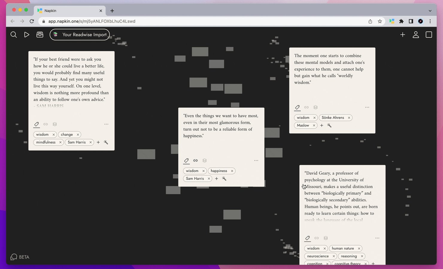 Sneak peek at the  @readwise  -> Napkin connection.  🥁   This is for those who'd like to connect the dots between their thousands of Readwi