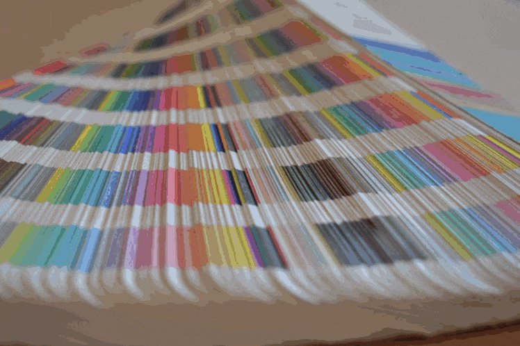 A Pantone swatchbook; it slowly fades to grey, then to black