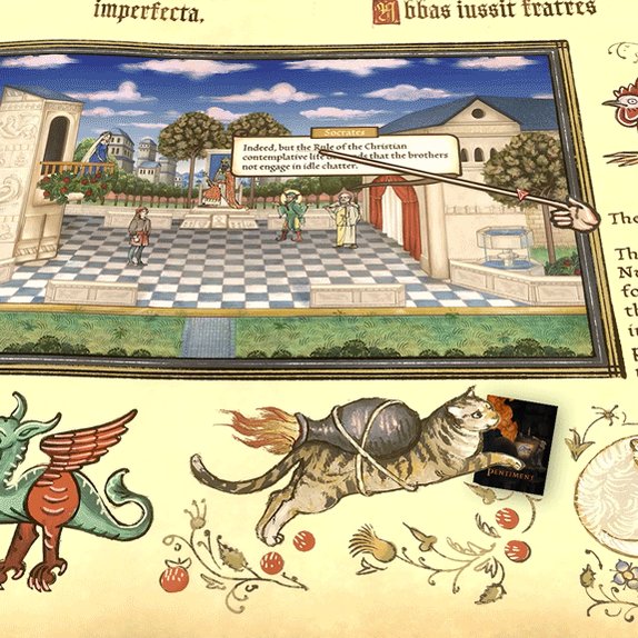 Captura de pantalla del juego Pentiment, donde se muestra la mecánica del glosario, con marginalia de animales en estilo de una escritura medieval/moderna. En el centro inferior de la página hay un gato con un cañón atado en su espalda, editado con una copia del juego en su pata delantera