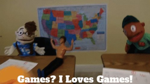 Puppet in a classroom saying “Games? I loves games!”