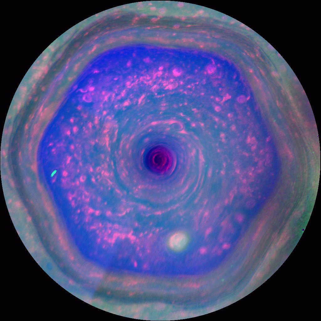 Animación de la tormenta hexagonal de Saturno tomada por la