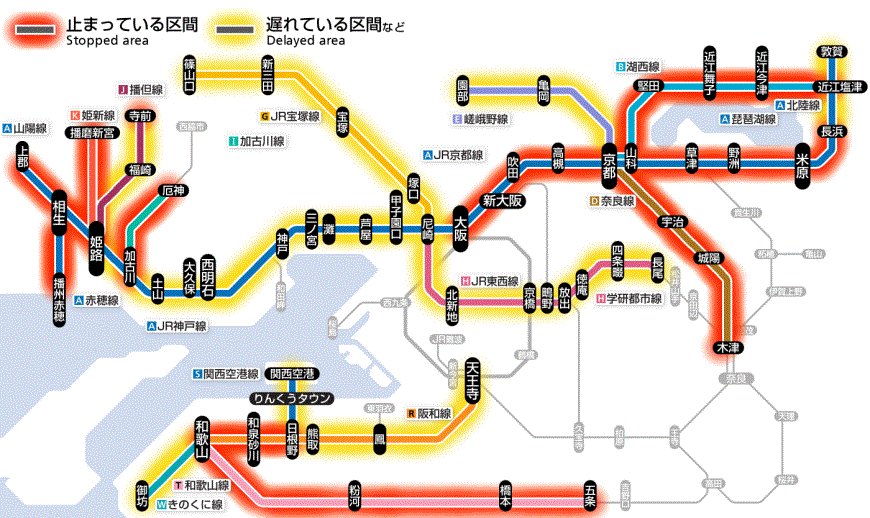 1月25日1時40分現在： 琵琶湖線では大雪のため、20時00分頃から列車の