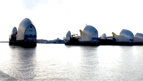 Thames Barrier seen while approaching on the water.