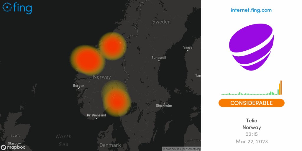 ⚡ Considerable Internet #outage detected: #Telia in #Norway since 02:15, impacting #Trondheim #Ålesund #Stordal +3 areas

🇳🇴 Live map and analysis
👉 https://t.co/HQB7EjfcKn

Retweet if down for you too
#telianorge #Teliadown #Teliaoutage #nointernet #Norge #night https://t.co/OUBpsBq88T