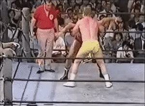 これは日本の試合？
デビュー1年で全日本に初来日したらしいし、最後に馬場さんが一瞬、見える。
技を喰らってるのは…このスリムな体は鶴田さんかな？

ダブルアームのクラッチも新日本で藤波さんらをぶん投げたのと形も違うし。
わざと狙ったものじゃなく、技の失敗のような気がする。
(危ないけど) 
