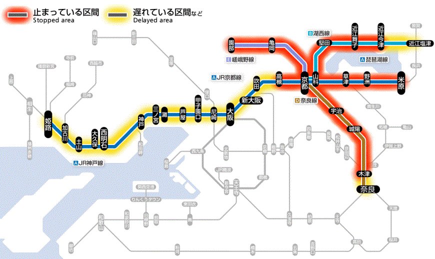 u*1様 JR西日本　路線図（JR神戸線・京都線・湖西線・琵琶湖線等）枠付き 2月3日20時40分現在： おおさか東線：新大阪駅～南吹田駅間の線路内に
