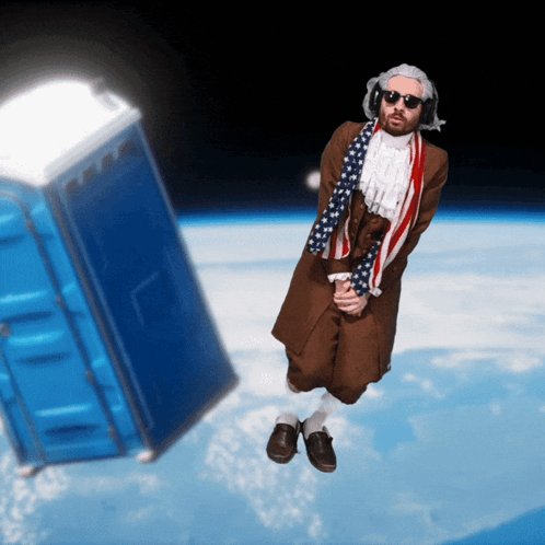 Meme of a person in colonial attire with an American flag scarf, floating in space next to a portable toilet