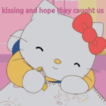 Hello Kitty image with the caption 'kissing and hope they caught us'