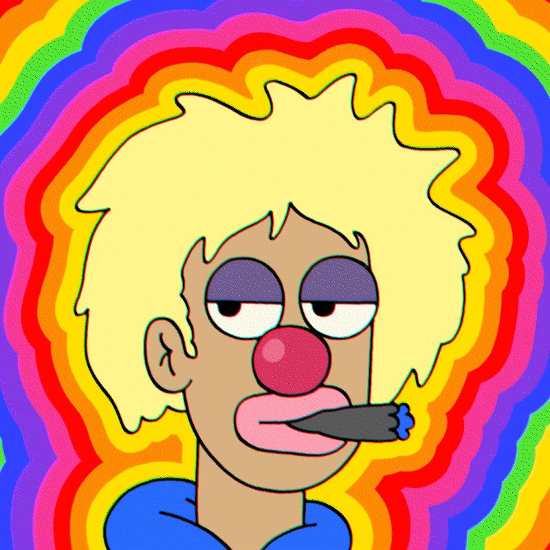 カラフルな背景とジョイントを持つキャラクターのトリッピーなPFP