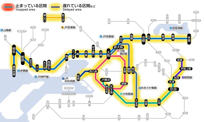 8月21日23時5分現在： 大和路線：法隆寺駅〜王寺駅間を運転中に通常と